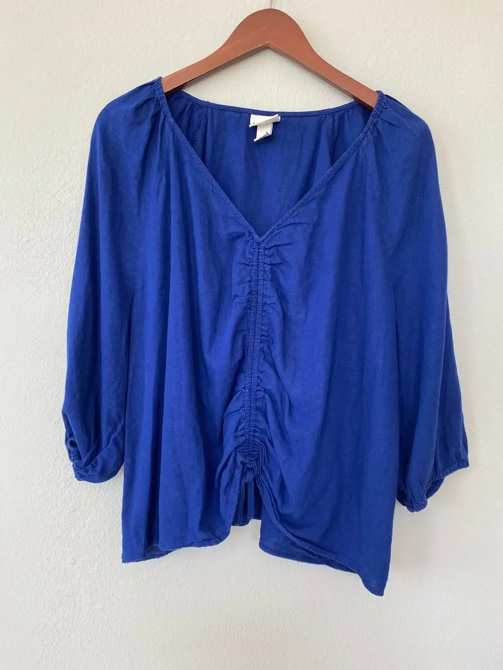 Ava & Viv 1X Blue Linen Blend Ruched Front Boho Peasant Blouse Plus Size Coastal